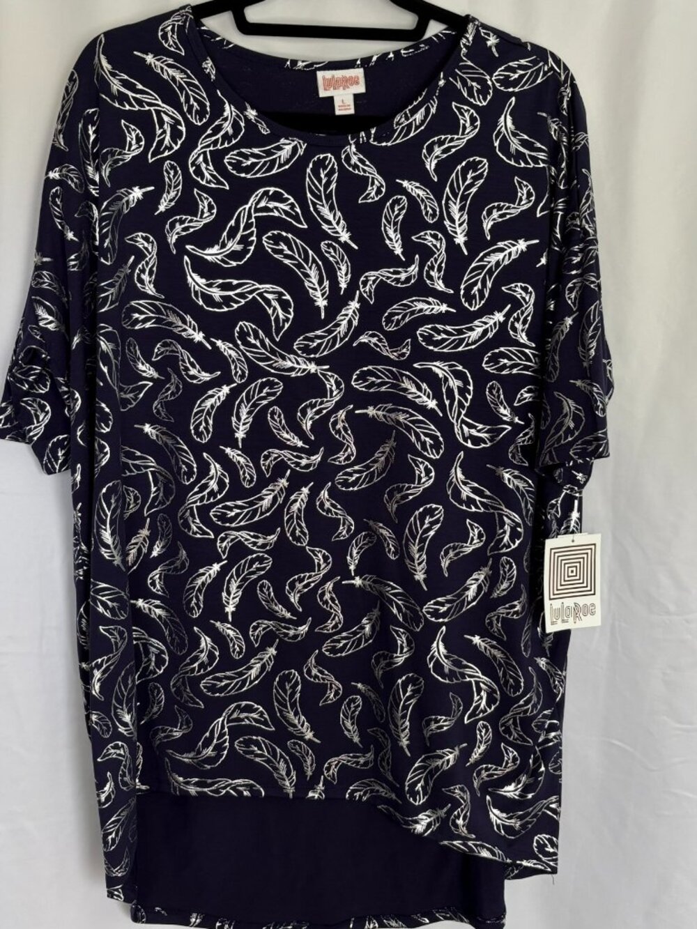 LuLaRoe Irma L Deep Purple Silver Foil Feather Elegant Top